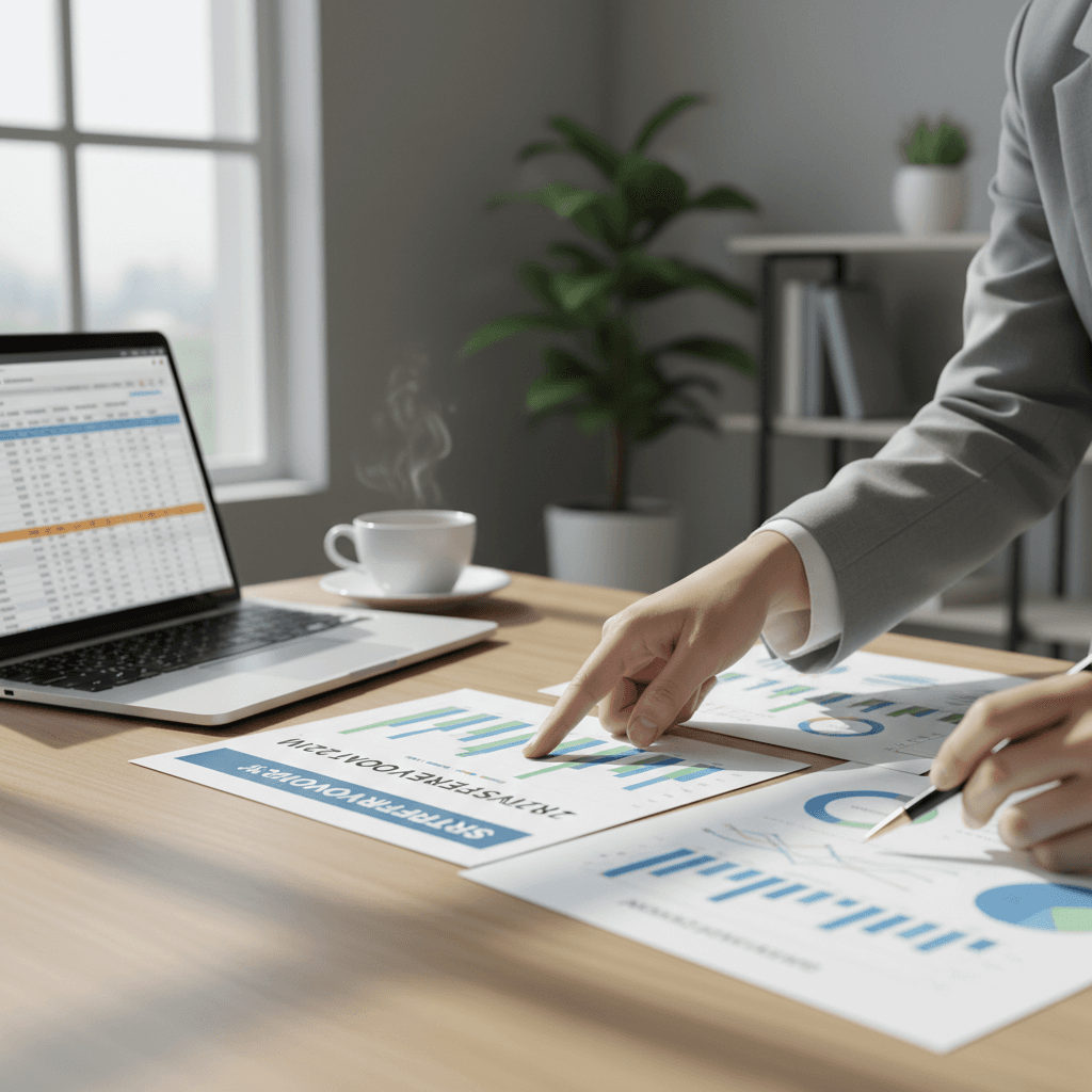 Business consultant's hands reviewing strategy documents and metrics at modern minimalist desk with laptop